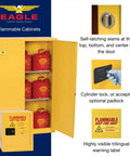Heavy Duty American Made 45 Gallon Flammable Liquid Storage Cabinet With Self Closing Latches open showing red gas cans inside.