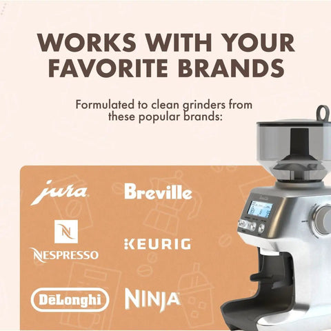 Pro Grade Coffee Grinder Cleaning Tablets 430 Grams, All Natural Gluten Free Food Safe, graphic with grinder and brand logos