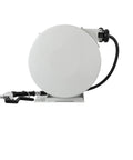 Heavy Duty Hose Reel With Thirty Five Foot Garden Hose And Enclosed Powder Coated Drum For Serious Chore Hustle Easy Wall Mount side view with spray gun attachment.
