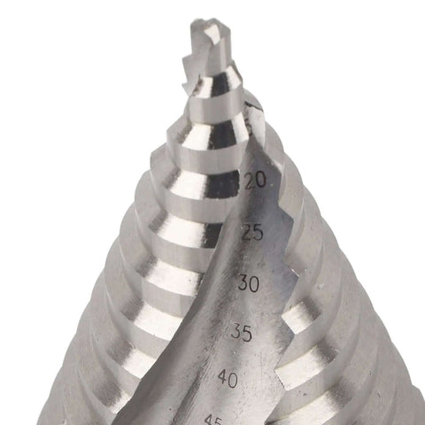 Upgrade Your Hardware Game With This Rad Step Drill Bit Set Ranging From Six To Sixty Millimeters Perfect For Chopping Clean Holes In Metal Plastic Aluminum And Steel Featuring Dual Wave Debris Removal For Zero Clogging And Heavy Duty Engraved Sizing So. step drill bit close-up, engraved size marks, bearing steel, for metal and plastic