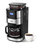 10 Cup Drip Coffee Maker With Built-In Burr Grinder And Programmable Timer For Fresh Ground Coffee Auto Keep-Warm 1.5L Water Tank Reusable Filter Black, showing front view with carafe and cup of coffee.