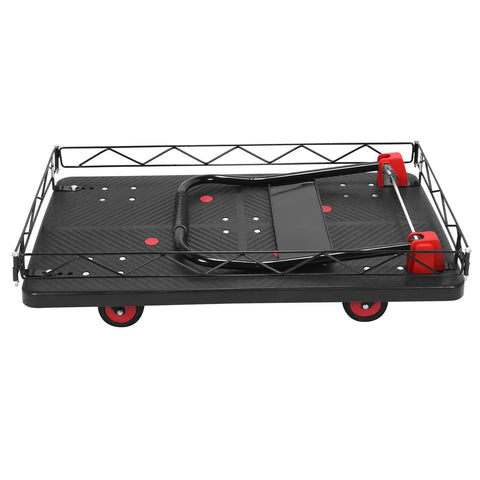 Two In One Cage Cart Dolly With Removable Fence And Foldable Platform Heavy Duty 2000 Lb Capacity Five Wheel System Swivel Wheels For Home Garage Warehouse And Job Site Moving, foldable platform shown