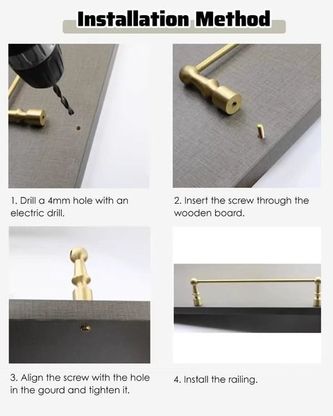 Installation method for 4 Pack Unlacquered Antique Brass Gallery Rails For Shelving featuring step-by-step guide on mounting. 