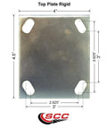 Front view of rigid top plate for heavy-duty caster, 4x4 inch metal plate with four oval mounting holes.