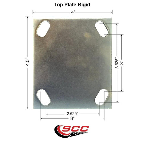 Front view of rigid top plate for heavy-duty caster, 4x4 inch metal plate with four oval mounting holes.