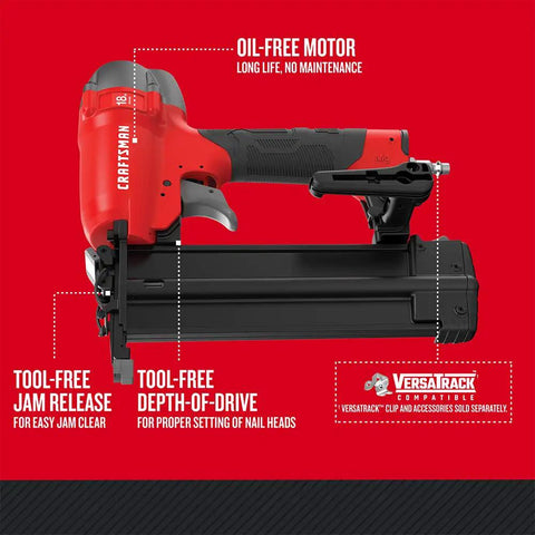 18 Gauge Brad Nailer Pneumatic Nail Gun With Oil-Free Motor, Pro Grade Performance, Tool-Free Jam Release