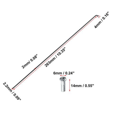 Diagram of a 263mm length bicycle spoke with measurements in millimeters, part of the 36 Pcs Bicycle Spokes Set 14G 263mm Length With Nipples For Most Bikes Durable Replacement Kit Pro Grade Wheel Spokes For Stronger Rims And Easy Wheel Rebuild.