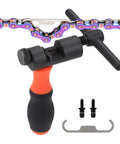 One Tool To Rule All Chains Universal Bicycle Chain Breaker with comfort grip, alloy steel, includes spare pins and chain gauge.