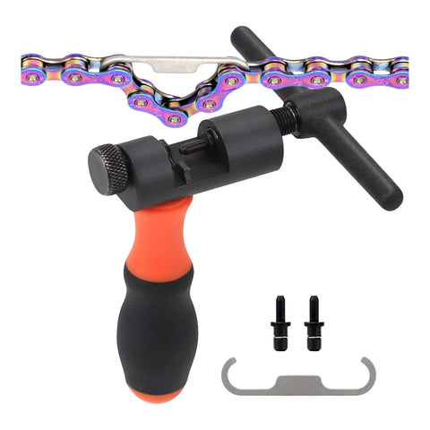One Tool To Rule All Chains Universal Bicycle Chain Breaker with comfort grip handle, spare pins, and chain wear gauge shown.