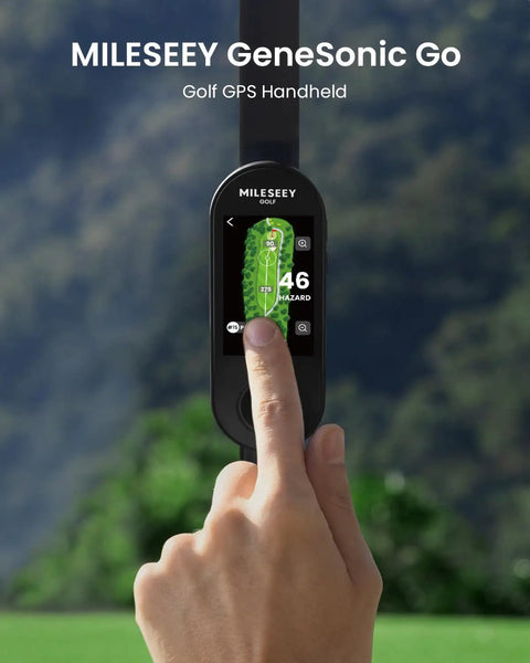 Handheld Golf GPS Rangefinder With 43000 Preloaded Courses No Monthly Fees 3 Inch Full Color Touchscreen in use outdoors