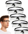 Person wearing Five Pack Adjustable Safety Glasses For Work And Home Wide Vision Lightweight Fog Proof Protective Goggles Set