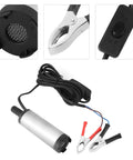 Heavy Duty 12V Submersible Water Pump Delivers Smooth 200 GPH Flow And Kickin 8500 RPM Power, showing clips, power switch, and hose connector.