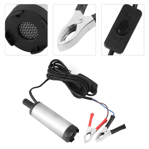 Heavy Duty 12V Submersible Water Pump Delivers Smooth 200 GPH Flow And Kickin 8500 RPM Power, showing clips, power switch, and hose connector.