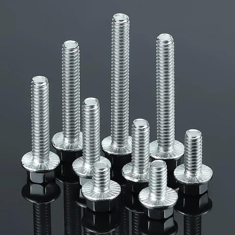 Heavy Duty Rust Resistant 304 Stainless Steel Flanged Hex Bolts With Integrated Flange 5/16 18 Thread 3/4 Length Grip Tight Fastener Pack Of 20 displayed in various lengths.