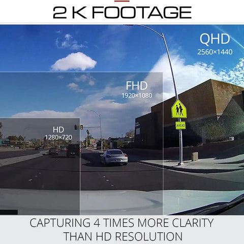 Dash cam footage showing 2K QHD, FHD, and HD comparisons with city street view, signage, and clear skies.