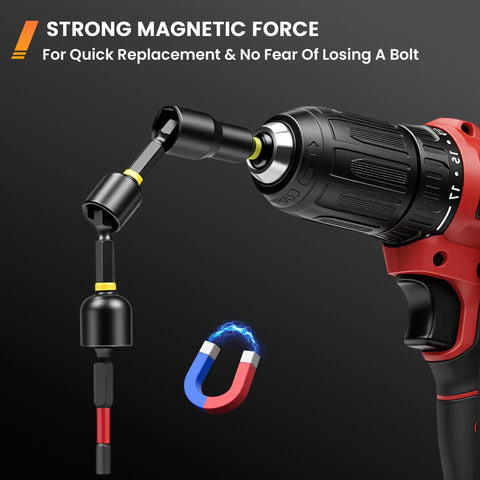 86-Piece Magnetic Impact Nut Driver Set With Deep Sockets And S2 Bits shown with drill and magnetic force symbol