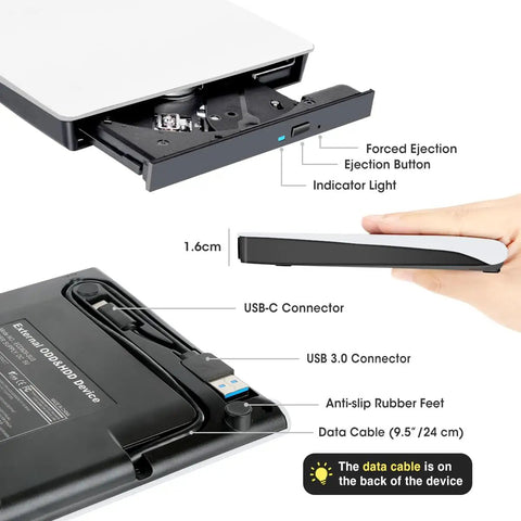 Plug And Play External CD DVD Drive For Mac And Laptop With USB Three Point Zero And USB C No Driver Required Slim White Optical Drive For PC And MacBook Ready Out Of The Box. Slim 1.6cm white external CD/DVD drive with USB-C and USB 3.0 connectors
