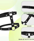 Premium Adjustable Black Leather Leg Harness For Women Gothic Punk Thigh Garter Strap with Elastic Band showing anti-slip clips and alloy ring.