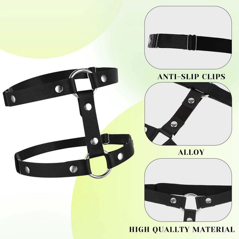 Premium Adjustable Black Leather Leg Harness For Women Gothic Punk Thigh Garter Strap with Elastic Band showing anti-slip clips and alloy ring.