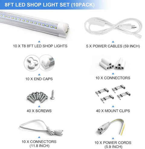 Image of 10 Pack 8 Foot LED Shop Light Fixture With 90W T8 Integrated LED, showing components including power cables and connectors.