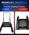Manual handle open and closed view of 9x9 Inch Black Sliding Grain Gate Kit for grain handling with hardware