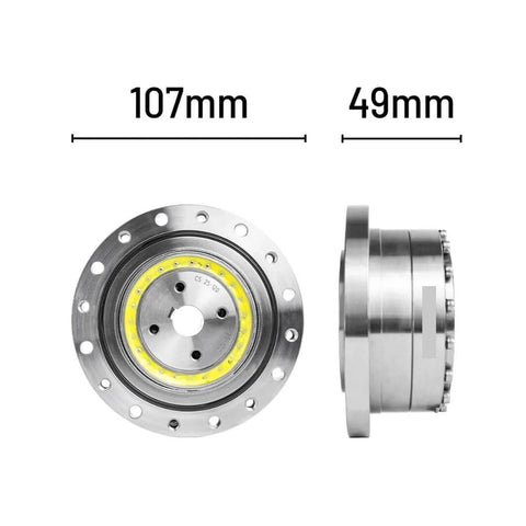 CSF-25-II Strain Wave Gear Reducer with Harmonic Drive, front and side view, 107mm diameter, 49mm depth, for automation robots.