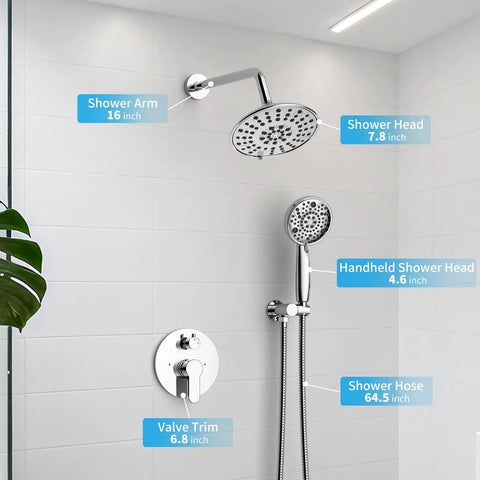 Two In One Shower System With 3 Setting High Pressure Rain Head And 8 Mode Handheld Spray Wall Mounted Chrome Fixture With 3 Way Diverter