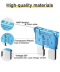 Close-up of a 15A automotive blade fuse with clear housing, 32V rating for easy reading, part of 20 Pack 15A Automotive Blade Fuses For RV, Truck, SUV - 32V 12/24V ATO APR ATS Standard Car Fuses With Clear Housing For Easy Reading, Quick Identification, Durable Auto Electrical Fuse Kit
