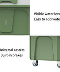 Portable Evaporative Cooler With Large Water Tank And Four Ice Packs, Windowless Air Conditioner For Garage Or Patio, Three Speed Personal Swamp Fan includes visible water level and universal casters.