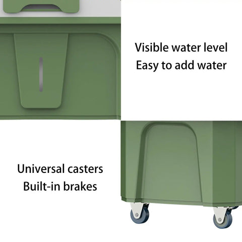Portable Evaporative Cooler With Large Water Tank And Four Ice Packs, Windowless Air Conditioner For Garage Or Patio, Three Speed Personal Swamp Fan includes visible water level and universal casters.