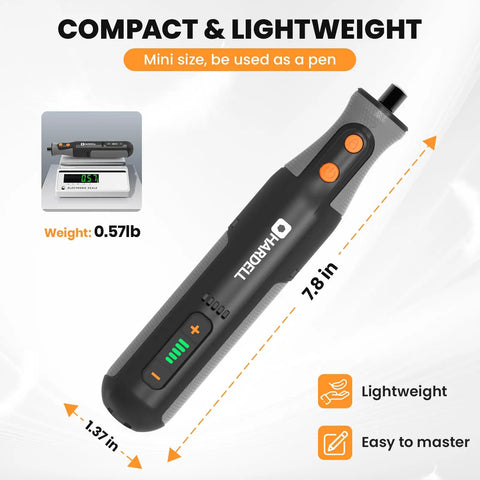 Lightweight Cordless Rotary Tool With Bright Led Halo And Fast Charge Battery Featuring Five Speeds At 28000 Rpm displayed with size details of 7.8 in and 0.57 lb.