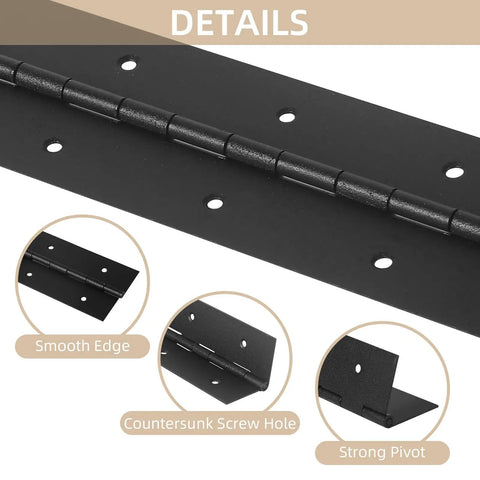 Two Pack Heavy Duty Piano Hinges 36 Inch Stainless Steel Continuous Barrel Hinges With Mounting Screws Black Hardware For Wood Doors And Cabinets Built To Take A Beating With Smooth Operation And Zero Sag, showing details of smooth edges and countersunk screw holes.