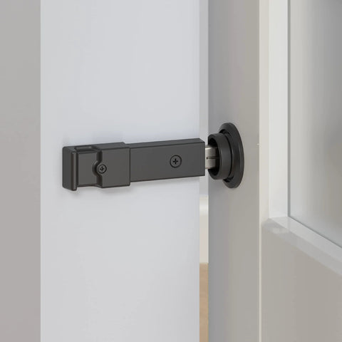 Sliding Barn Door Privacy Lock With Emergency Release Matte Black Finish 5 Inch Latch for Single Bi Parting or Bypassing Doors installed