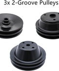 Hot Swap Power Steering Pump Setup For Classic Small Block Chevy V8 Engines Like The 305 And 350 Comes With Heavy Duty Long Water Pump Plus Crankshaft Pulley And Full Bracket Kit To Spice Up Your Old School Ride Today. 3x 2-groove black steel pulleys