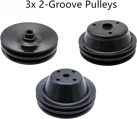Hot Swap Power Steering Pump Setup For Classic Small Block Chevy V8 Engines Like The 305 And 350 Comes With Heavy Duty Long Water Pump Plus Crankshaft Pulley And Full Bracket Kit To Spice Up Your Old School Ride Today. 3x 2-groove black steel pulleys