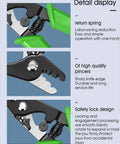 Close-up of multifunctional tool with return spring, high-quality pincers and safety lock design for easy operation and durability.
