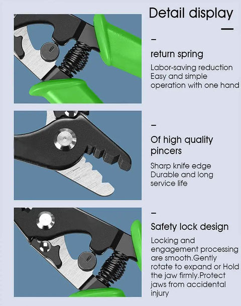 Close-up of multifunctional tool with return spring, high-quality pincers and safety lock design for easy operation and durability.