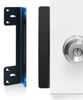 Heavy Duty Swing Out Door Latch Guard With Solid One Inch Offset Cover mounted beside door lock, showcasing matte black finish.