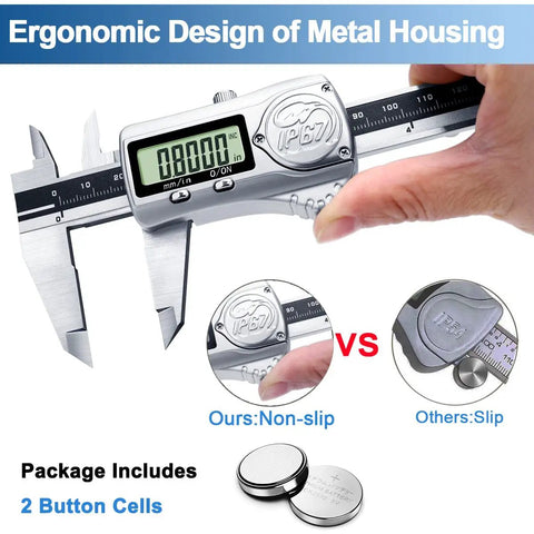 Hand holding IP67 Waterproof Digital Caliper Outside Micrometer 6 Inch Dope Precision for DIY Projects with ergonomic metal design