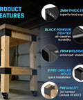 8 Pack Heavy Duty 2x4 Workbench Brackets Set displaying features like 2mm steel, black powder coat, fits 1.5x3.5 inch lumber