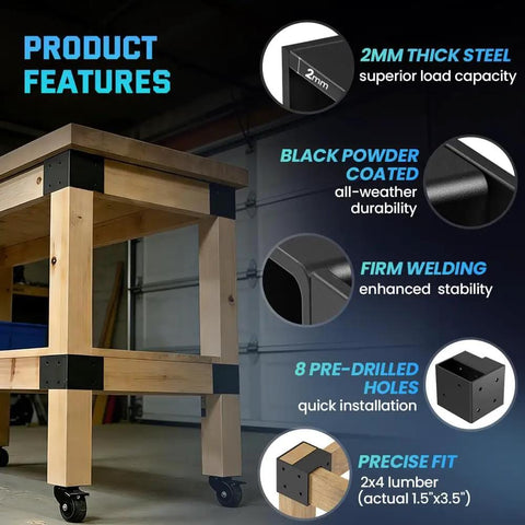 8 Pack Heavy Duty 2x4 Workbench Brackets Set displaying features like 2mm steel, black powder coat, fits 1.5x3.5 inch lumber