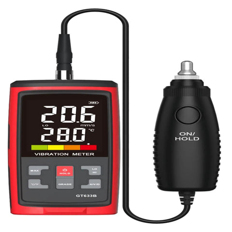 GT633B Pro Grade Vibration Meter for Rotating and Reciprocating Machinery, handheld red unit with probe and display