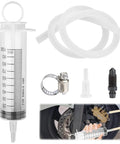 Brake Bleeder Kit For Bikes 100ml Pump Hydraulic Disc Bleed Tool with tubing, adapters, and clamp in use on motorcycle