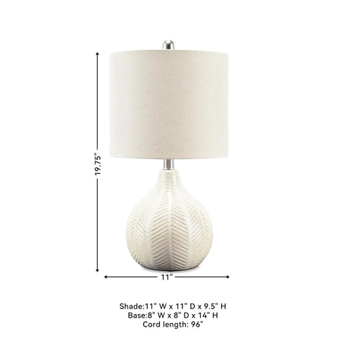 Casual Ceramic Table Lamp With Herringbone Texture And Transparent White Glaze, Drum Hardback Fabric Shade, Off White Finish