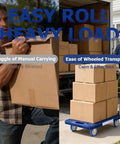 Heavy Duty Four Inch Caster Wheels With Locking Brakes Built Tough shown transporting heavy boxes easily on a cart.