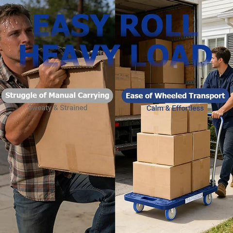 Heavy Duty Four Inch Caster Wheels With Locking Brakes Built Tough shown transporting heavy boxes easily on a cart.