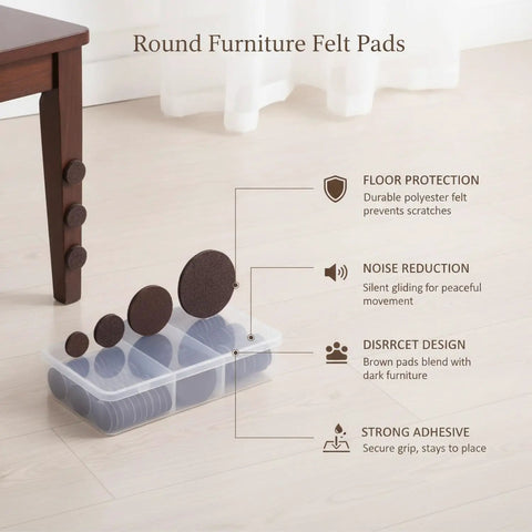 Round Furniture Felt Pads Self Adhesive Brown Floor Protectors on chair leg and storage box on hardwood floor