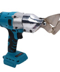 Heavy Duty Cordless Metal Shears With Brushless Motor And 360 Degree Rotating Head, blue finish, angled side view.