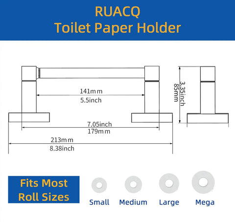 Gold Toilet Paper Holder Wall Mount With Double Post Pivoting Design dimensions and roll size compatibility illustration.