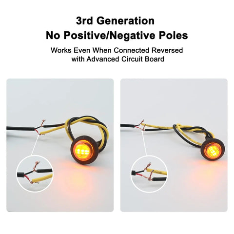 20 Pack Three Quarter Inch LED Marker Lights 3rd Gen Round Mini Amber Red Clearance Lights showcasing no polarity requirement.